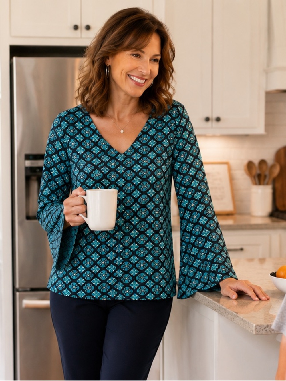 INC International Concepts Teal Navy Silver Metallic Bell Sleeve Top Large